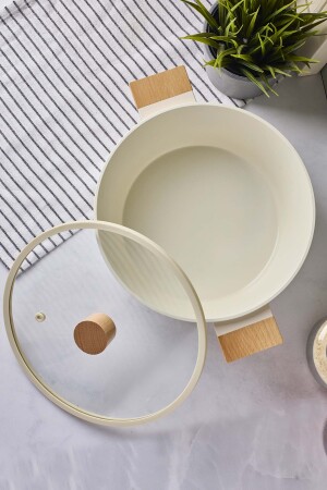 CookWood Beige İndüksiyon Tabanlı Ahşap Kulplu Kapaklı Seramik Derin Tencere 24 cm - 2