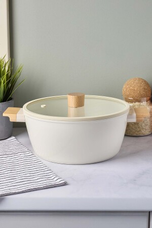 CookWood Beige İndüksiyon Tabanlı Ahşap Kulplu Kapaklı Seramik Derin Tencere 24 cm - 3