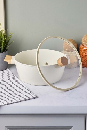 CookWood Beige İndüksiyon Tabanlı Ahşap Kulplu Kapaklı Seramik Derin Tencere 24 cm - 4