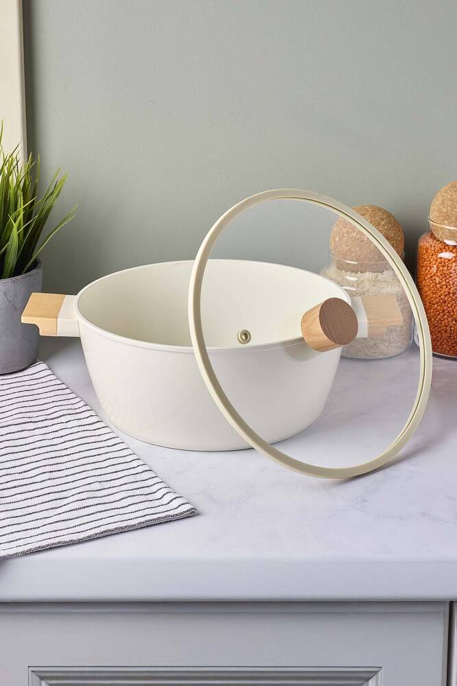 CookWood Beige İndüksiyon Tabanlı Ahşap Kulplu Kapaklı Seramik Derin Tencere 24 cm - 4