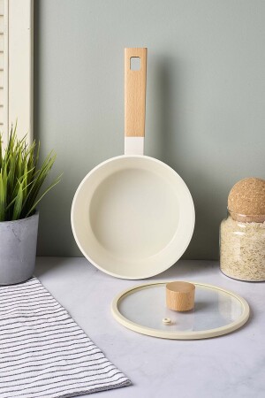 CookWood Beige İndüksiyon Tabanlı Ahşap Saplı Kapaklı Seramik Tencere 18 cm - 2