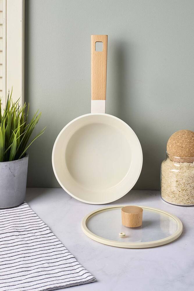 CookWood Beige İndüksiyon Tabanlı Ahşap Saplı Kapaklı Seramik Tencere 18 cm - 2