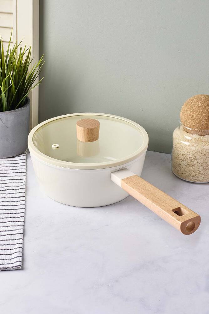 CookWood Beige İndüksiyon Tabanlı Ahşap Saplı Kapaklı Seramik Tencere 20 cm - 1