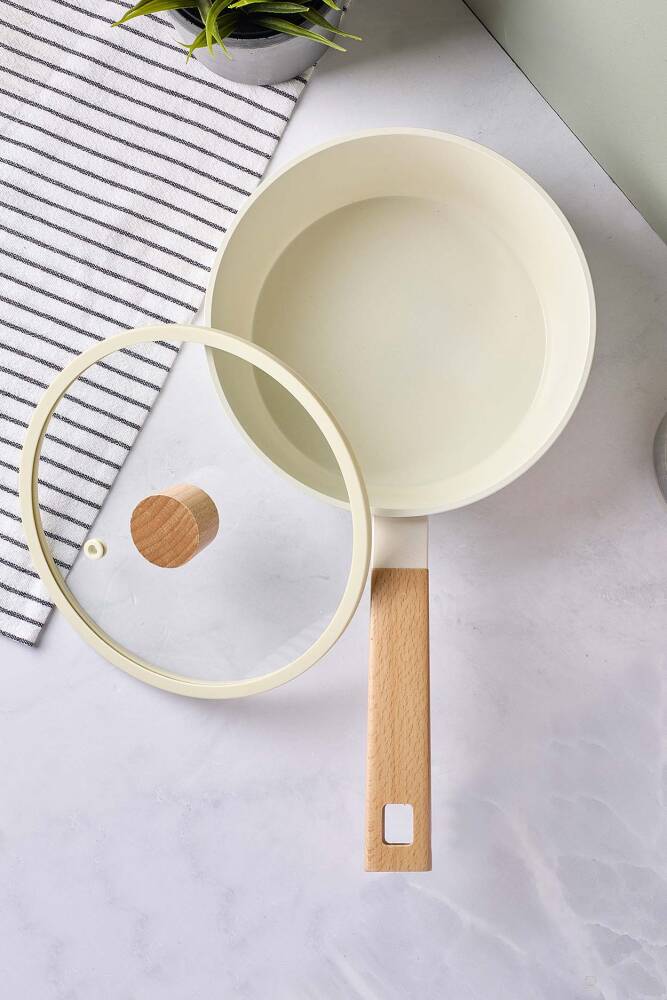 CookWood Beige İndüksiyon Tabanlı Ahşap Saplı Kapaklı Seramik Tencere 20 cm - 3