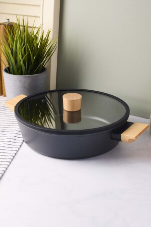 CookWood Black İndüksiyon Tabanlı Ahşap Kulplu Kapaklı Seramik Basık Tencere 24 cm - 5