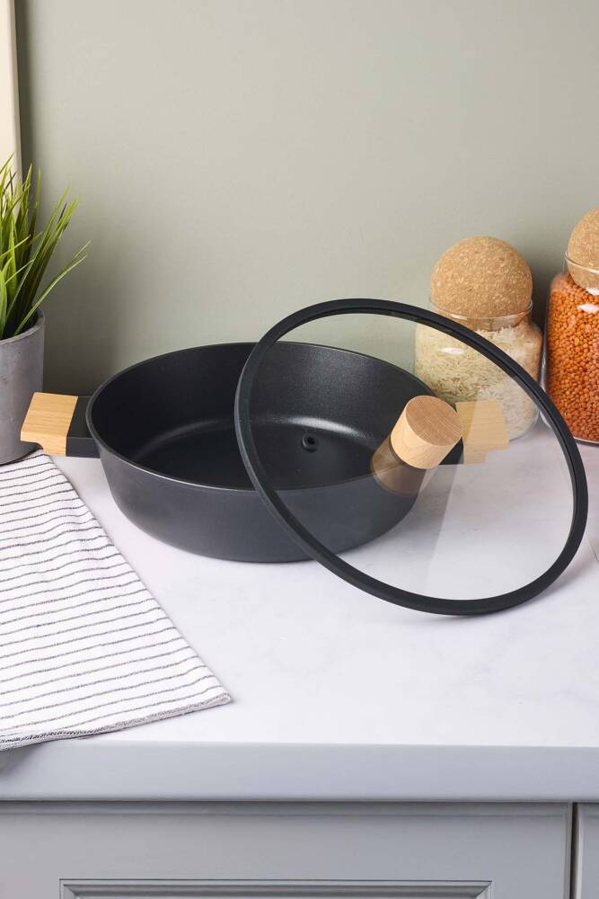 CookWood Black İndüksiyon Tabanlı Ahşap Kulplu Kapaklı Seramik Basık Tencere 24 cm - 3