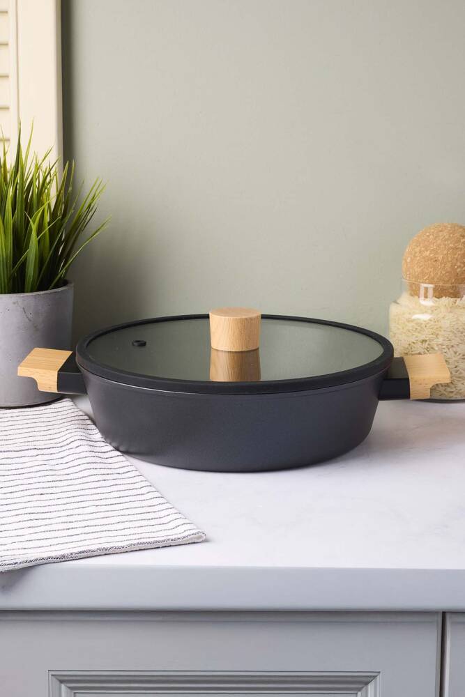 CookWood Black İndüksiyon Tabanlı Ahşap Kulplu Kapaklı Seramik Basık Tencere 24 cm - 4