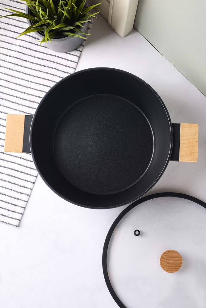 CookWood Black İndüksiyon Tabanlı Ahşap Kulplu Kapaklı Seramik Derin Tencere 24 cm - 2