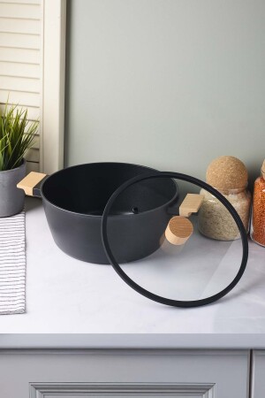 CookWood Black İndüksiyon Tabanlı Ahşap Kulplu Kapaklı Seramik Derin Tencere 24 cm - 3