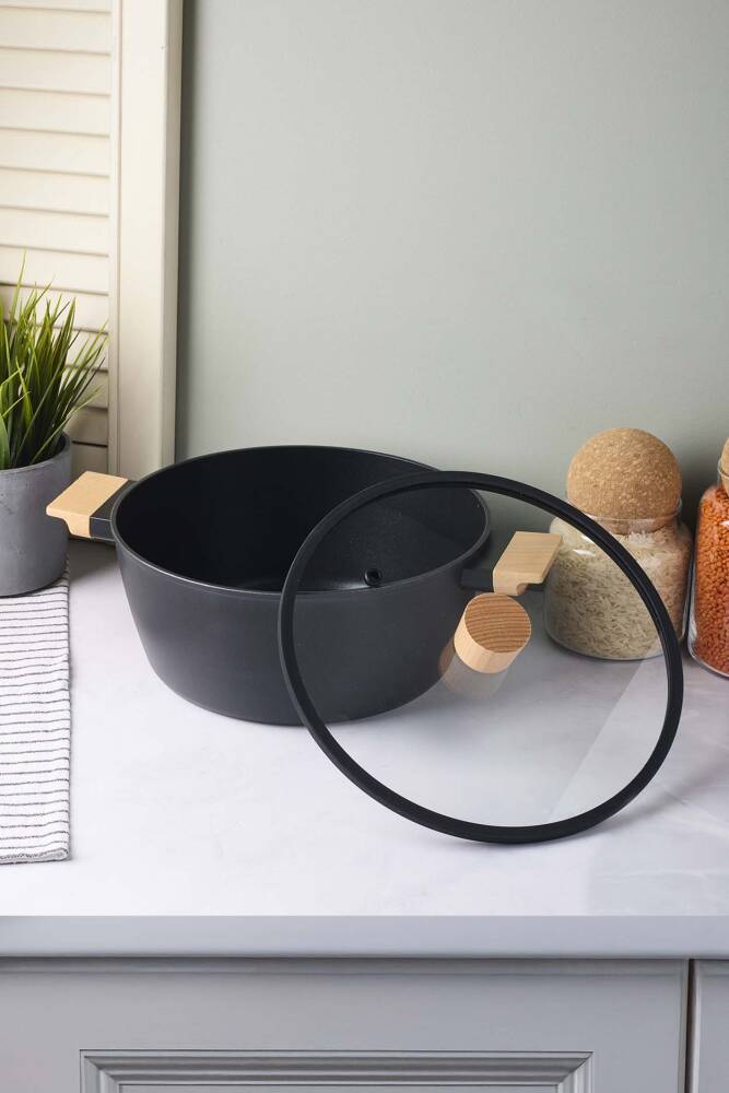 CookWood Black İndüksiyon Tabanlı Ahşap Kulplu Kapaklı Seramik Derin Tencere 24 cm - 3