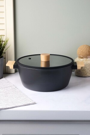 CookWood Black İndüksiyon Tabanlı Ahşap Kulplu Kapaklı Seramik Derin Tencere 24 cm - 4
