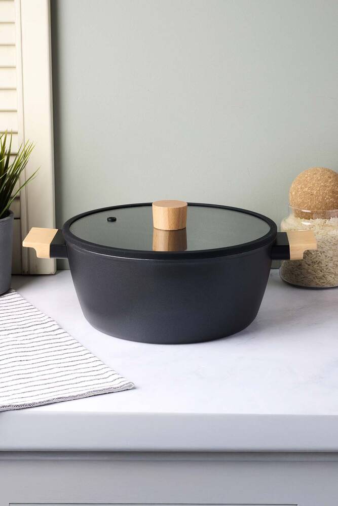 CookWood Black İndüksiyon Tabanlı Ahşap Kulplu Kapaklı Seramik Derin Tencere 24 cm - 4