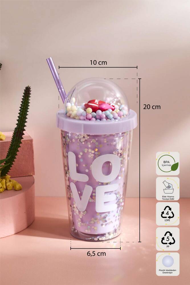 Cosmo Renkli Love Figürlü Pipetli Soğuk İçecek Bardağı 420 ml - 6