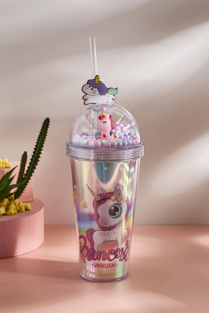 Cosmo Renkli Princess Unicorn Figürlü Pipetli Soğuk İçecek Bardağı 420 ml - 5