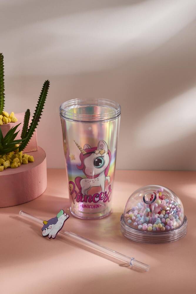 Cosmo Renkli Princess Unicorn Figürlü Pipetli Soğuk İçecek Bardağı 420 ml - 16