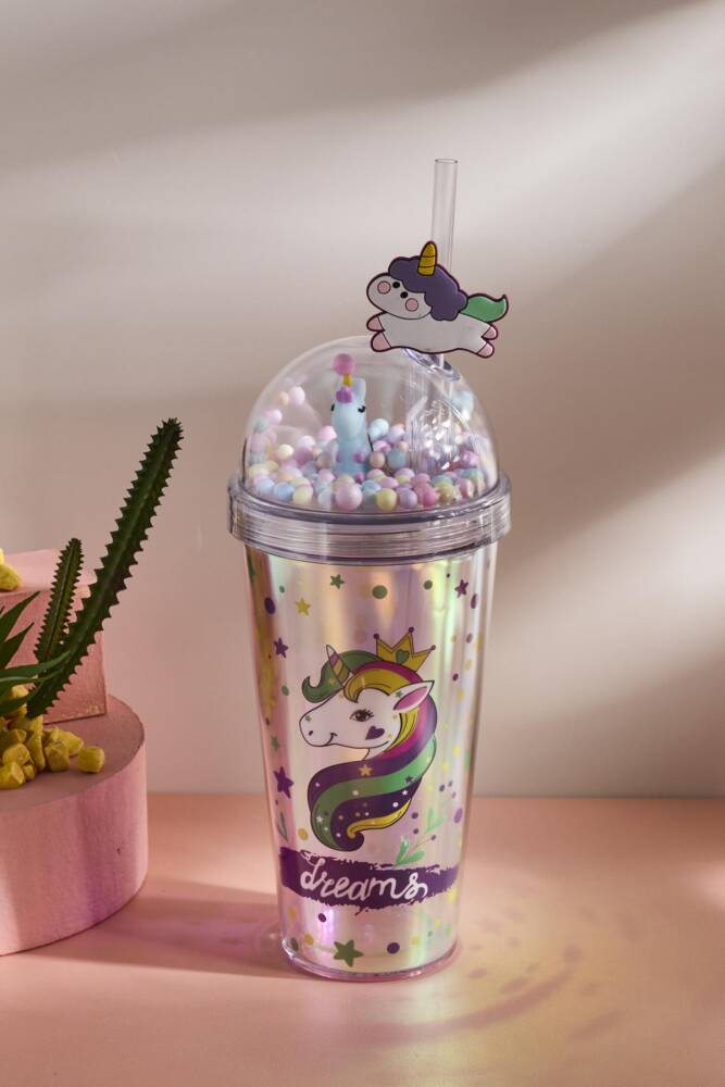 Cosmo Renkli Princess Unicorn Figürlü Pipetli Soğuk İçecek Bardağı 420 ml - 1