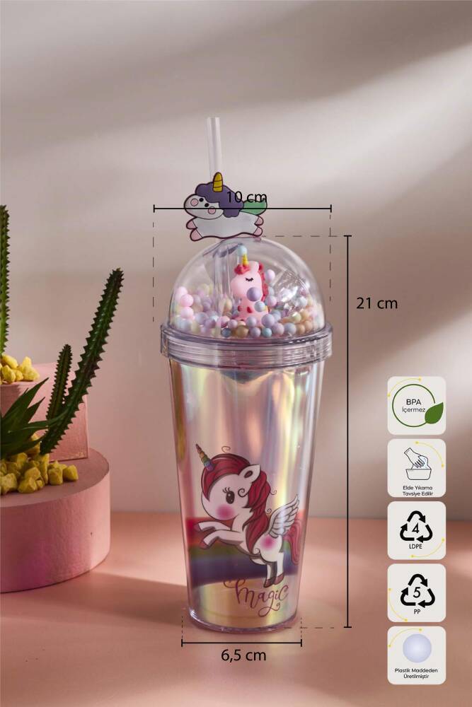 Cosmo Renkli Princess Unicorn Figürlü Pipetli Soğuk İçecek Bardağı 420 ml - 7