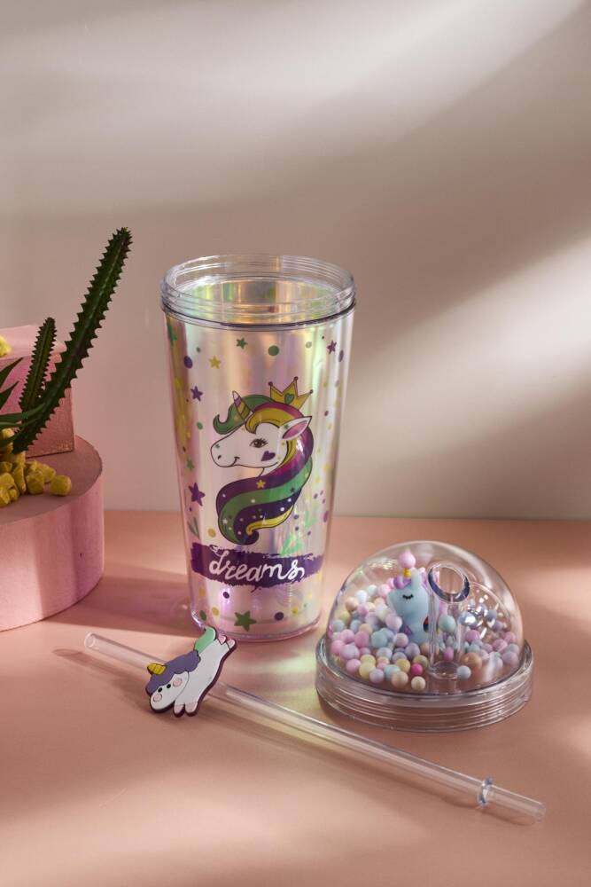 Cosmo Renkli Princess Unicorn Figürlü Pipetli Soğuk İçecek Bardağı 420 ml - 15