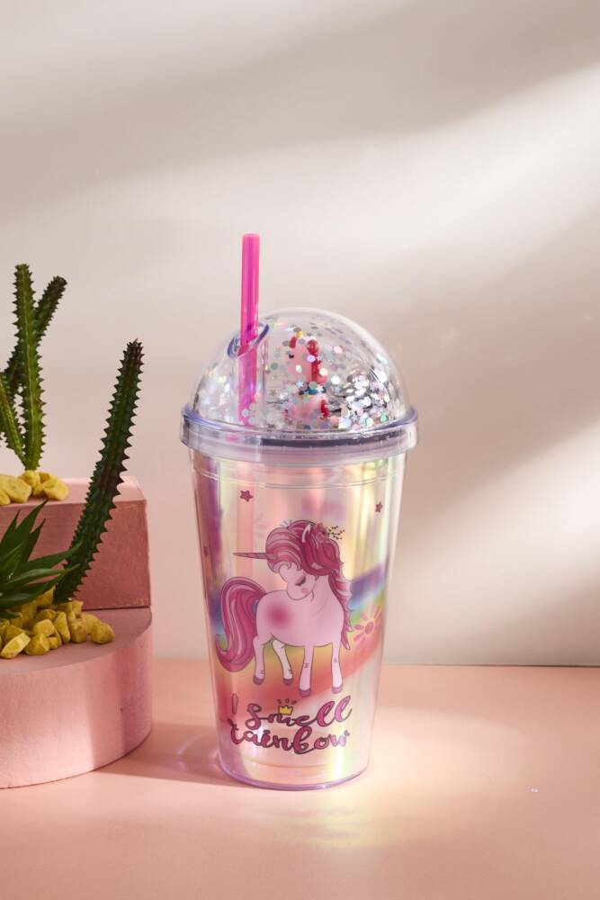 Cosmo Renkli Unicorn Figürlü Pipetli Soğuk İçecek Bardağı 420 ml - 1