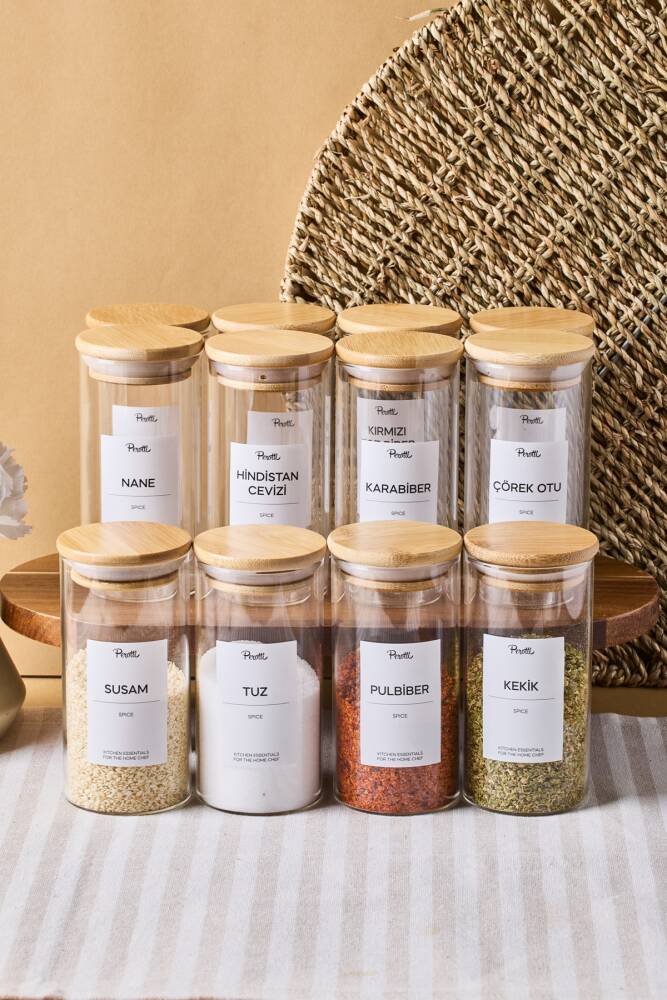 Eraldo 12 Li Bambu Kapak Borosilikat Cam Baharatlık 300 ml 12x6 cm 30 Adet Etiket Hediyeli - 1