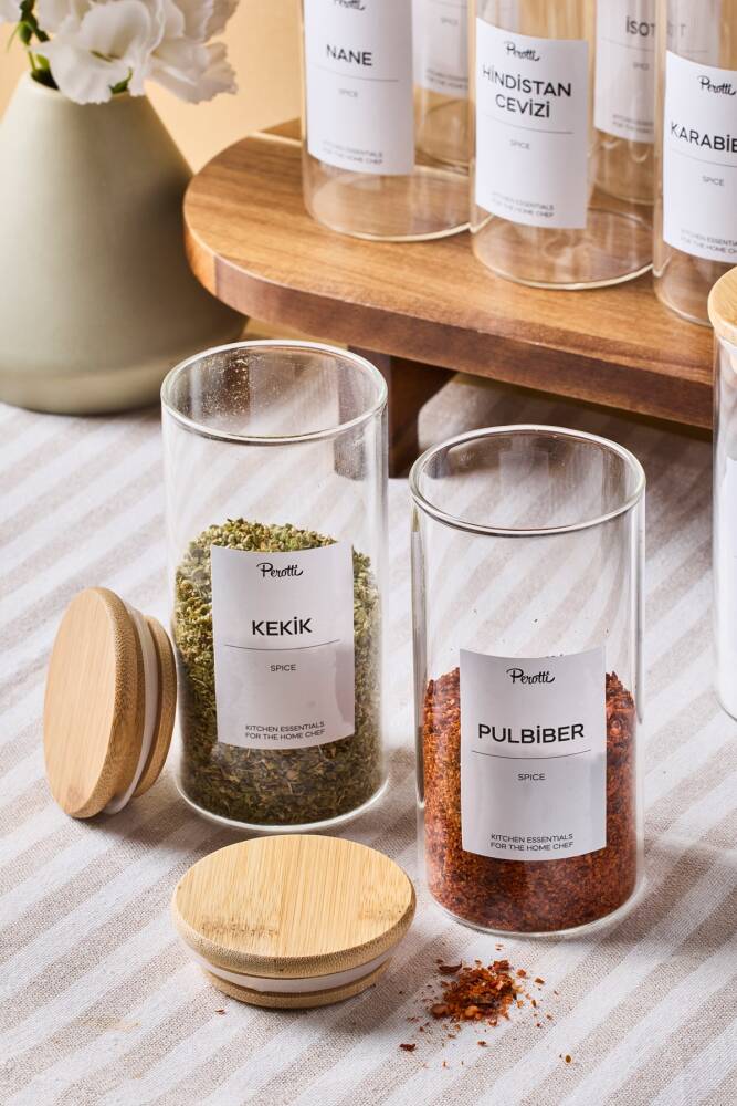 Eraldo 12 Li Bambu Kapak Borosilikat Cam Baharatlık 300 ml 12x6 cm 30 Adet Etiket Hediyeli - 4