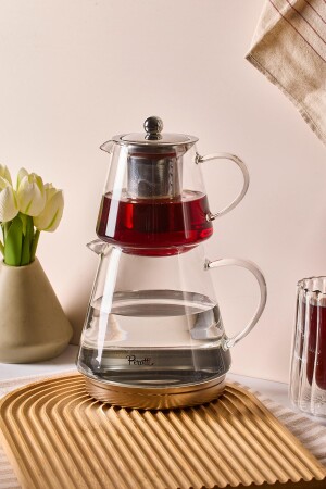 Flavio İndüksiyon Tabanlı Borosilikat Cam Çaydanlık Takımı 550 ml Demlik 1000 ml Suluk - 1