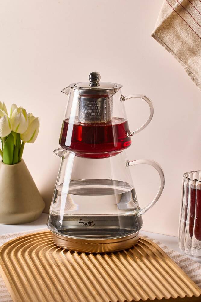 Flavio İndüksiyon Tabanlı Borosilikat Cam Çaydanlık Takımı 550 ml Demlik 1000 ml Suluk - 1
