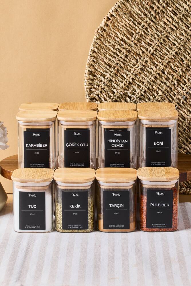 Gildo 12 Li Bambu Kapak Borosilikat Cam Baharatlık 200 ml 8x6 cm 30 Adet Etiket Hediyeli - 1