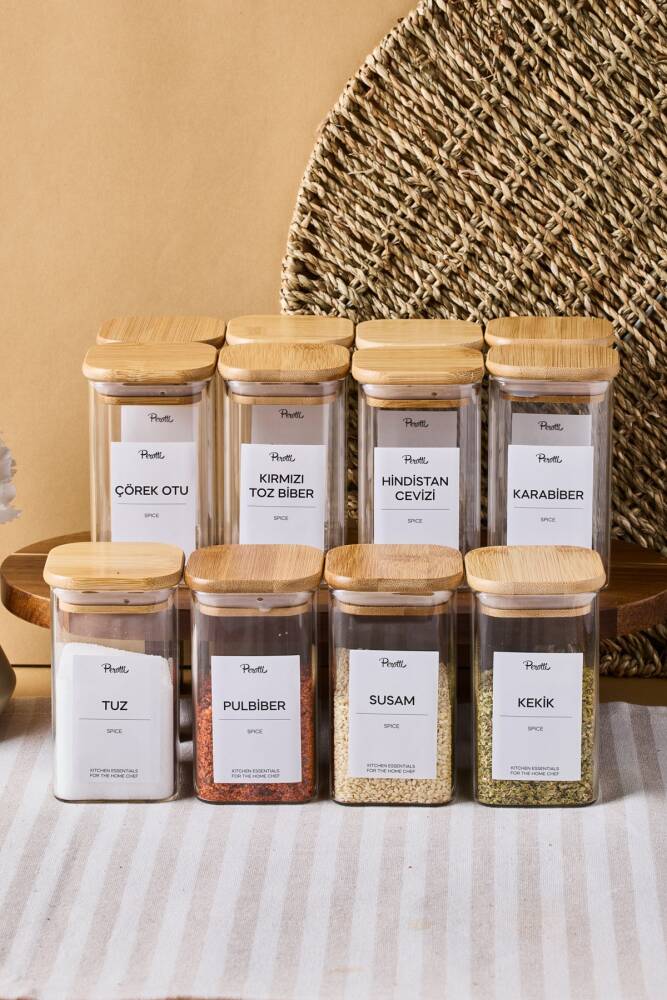 Gildo 12 Li Bambu Kapak Borosilikat Cam Baharatlık 250 ml 10x6 cm 30 Adet Etiket Hediyeli - 1