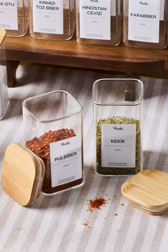 Gildo 12 Li Bambu Kapak Borosilikat Cam Baharatlık 250 ml 10x6 cm 30 Adet Etiket Hediyeli - 2