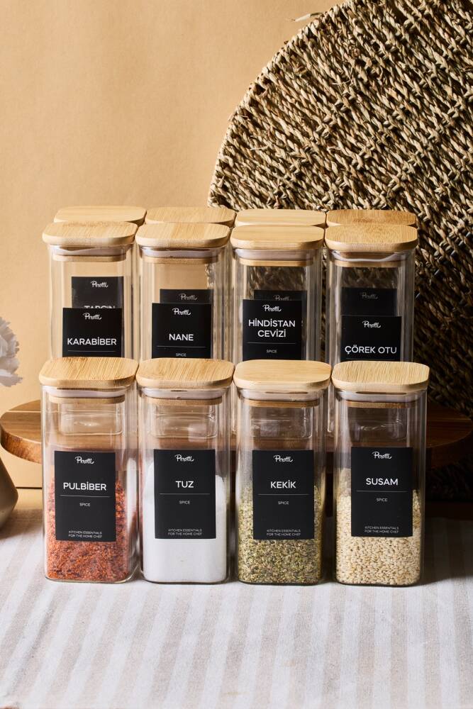 Gildo 12 Li Bambu Kapak Borosilikat Cam Baharatlık 400 ml 13x6 cm 30 Adet Etiket Hediyeli - 1