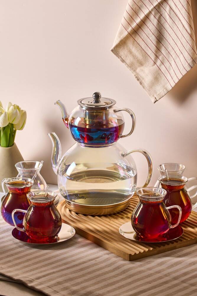 Keyf-i Ala Luster Premium 20 Parça Indüksiyon Tabanlı Borosilikat Çay Seti 500 ml Demlik 1800 ml Suluk - 1