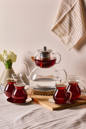 Keyf-i Ala Şeffaf Premium 20 Parça Indüksiyon Tabanlı Borosilikat Çay Seti 500 ml Demlik 1800 ml Suluk - 1
