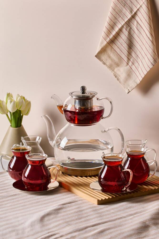 Keyf-i Ala Şeffaf Premium 20 Parça Indüksiyon Tabanlı Borosilikat Çay Seti 500 ml Demlik 1800 ml Suluk - 1