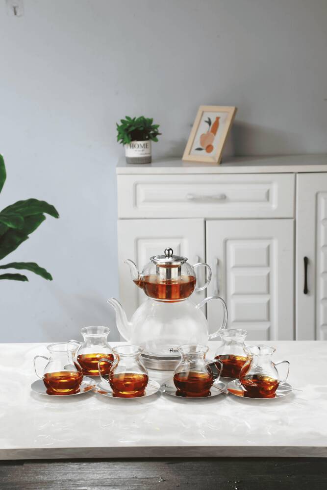 Keyf-i Ala Şeffaf Premium 20 Parça Indüksiyon Tabanlı Borosilikat Çay Seti 500 ml Demlik 1800 ml Suluk - 4