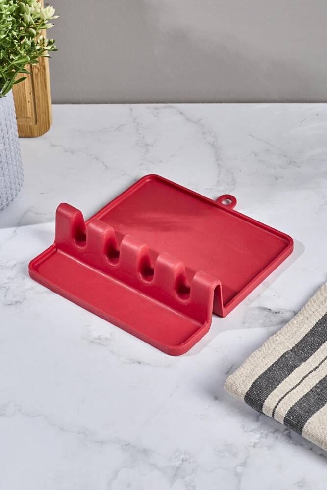 Kırmızı Silicone Tabak Tutucu, Kaşıklık ve Tencere Kapağı Standı Kaşık Kepçe Altlığı Düzenleyici Organizer - 3