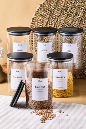 Laura 6 Lı Siyah Ahşap Kapak Cam Kavanoz 1000 ml 10x15 cm 16 Adet Etiket Hediyeli - 1