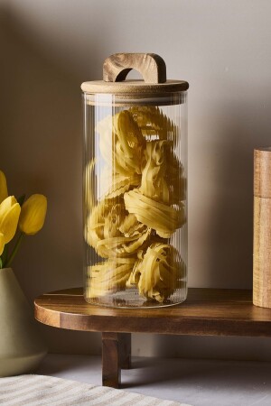 Perotti Acacia 1300 ml Akasya Vakum Kapak Borosilikat Yuvarlak Cam Kavanoz 10x20 cm - 1