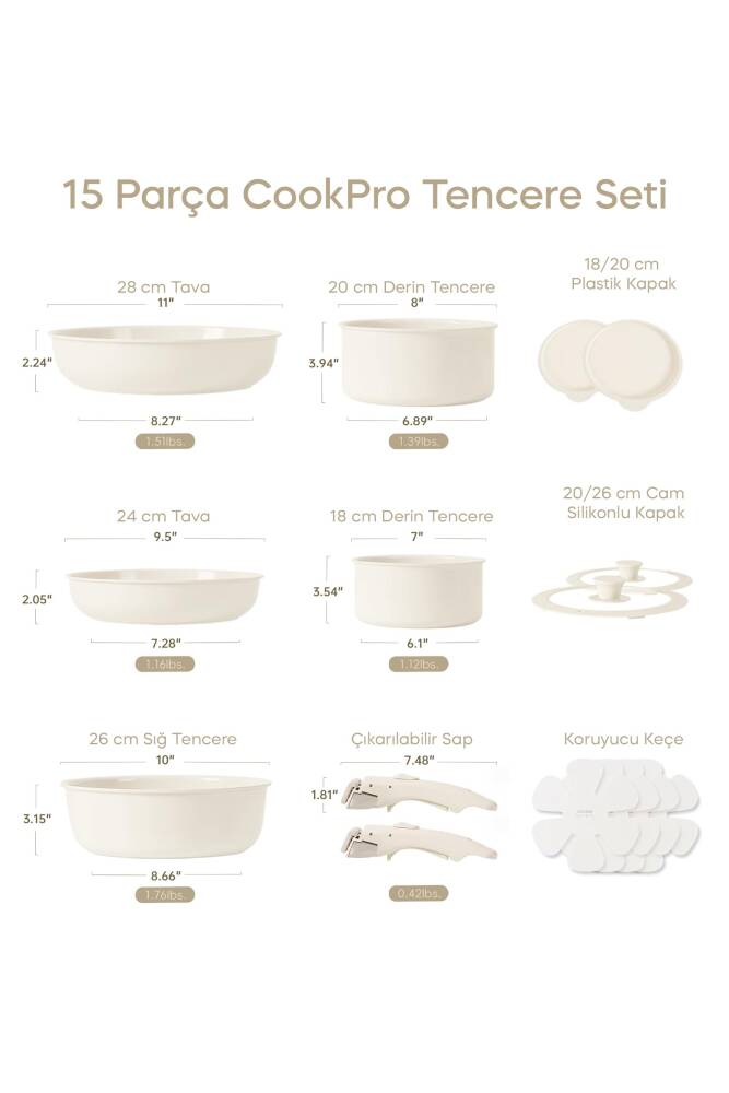 Perotti CookPro Beige 15 Parça Ayrılabilen Saplı İç İçe Geçebilen İndüksiyonlu Seramik Kaplama Tencere Tava Seti - 2