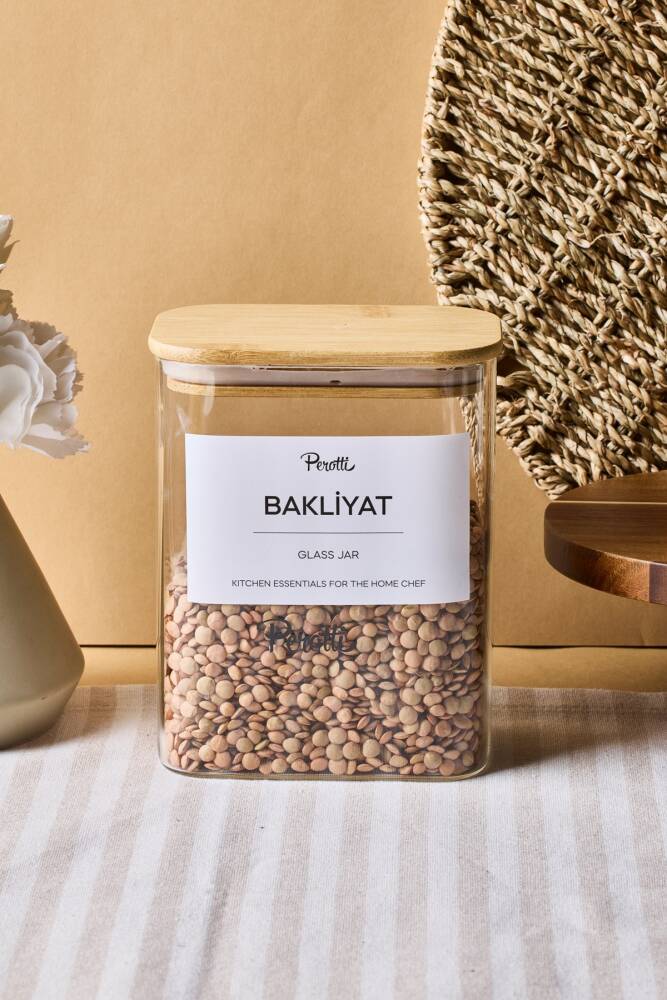 Peter Bambu Kapak Borosilikat Dikdörtgen Cam Kavanoz 1200 ml 8x12x15 cm 4 Adet Etiketli - 1
