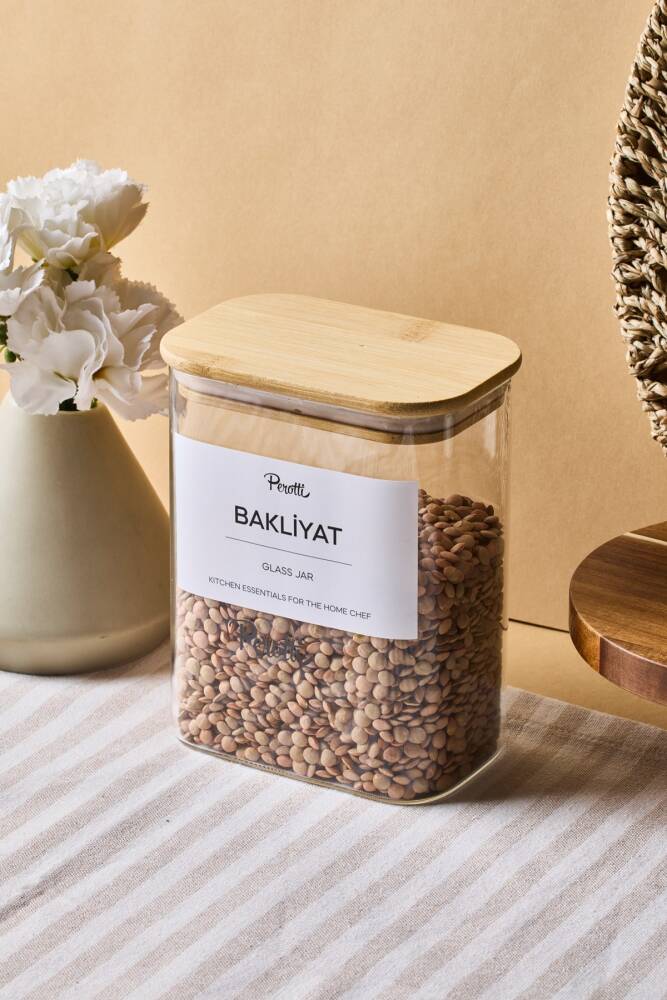Peter Bambu Kapak Borosilikat Dikdörtgen Cam Kavanoz 1200 ml 8x12x15 cm 4 Adet Etiketli - 2
