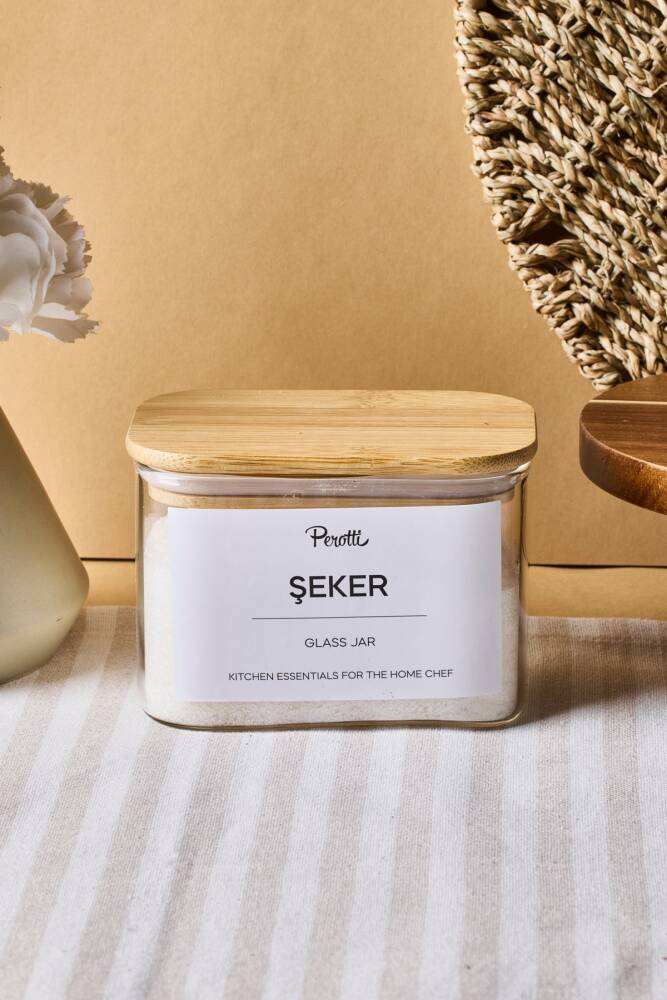 Peter Bambu Kapak Borosilikat Dikdörtgen Cam Kavanoz 650 ml 8x12x8 cm 4 Adet Etiketli - 1