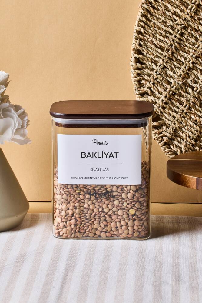 Peyton Akasya Kapak Borosilikat Dikdörtgen Cam Kavanoz 1200 ml 8x12x15 cm 4 Adet Etiketli - 1