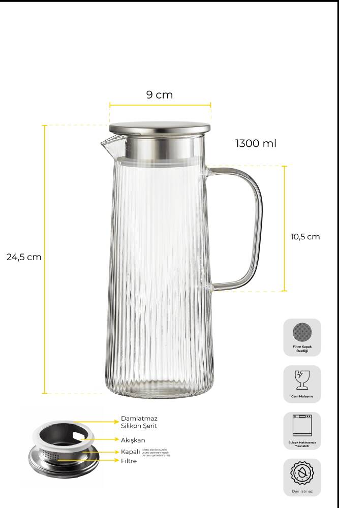 Pina Borosilikat Şerit Işığı Filtre Kapaklı Sürahi 1300ml - 5