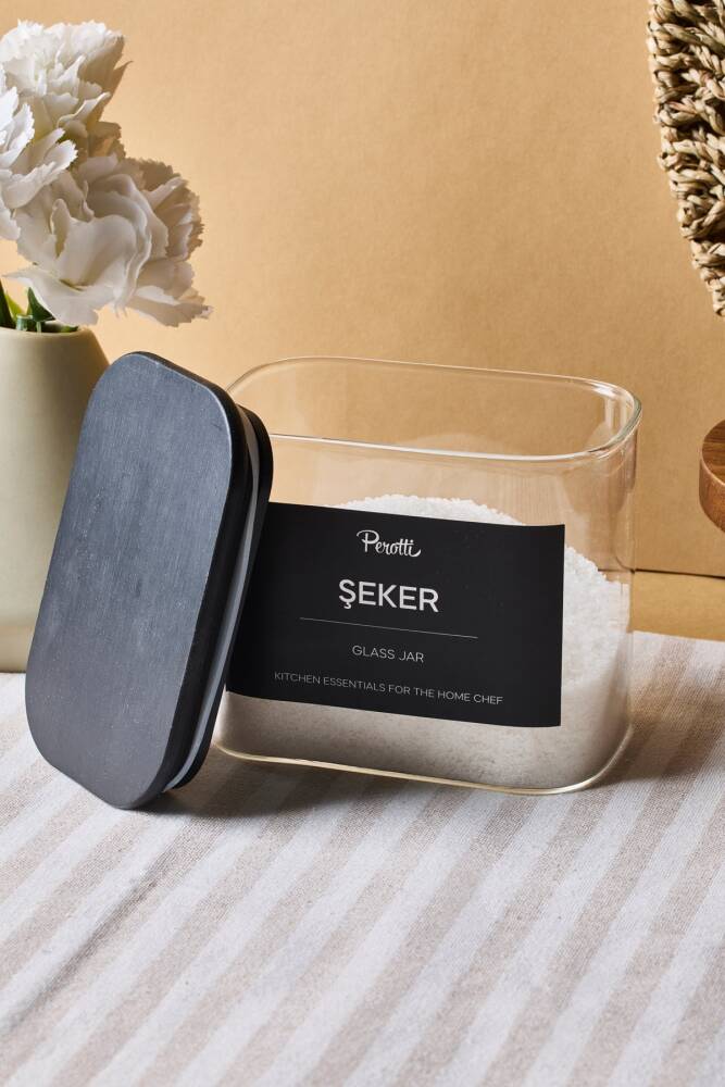 Porter Siyah Kapak Borosilikat Dikdörtgen Cam Kavanoz 800 ml 8x12x10 cm 4 Adet Etiketli - 2