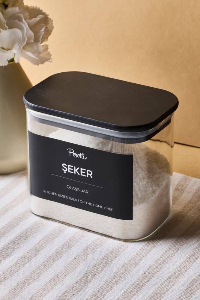 Porter Siyah Kapak Borosilikat Dikdörtgen Cam Kavanoz 800 ml 8x12x10 cm 4 Adet Etiketli - 3