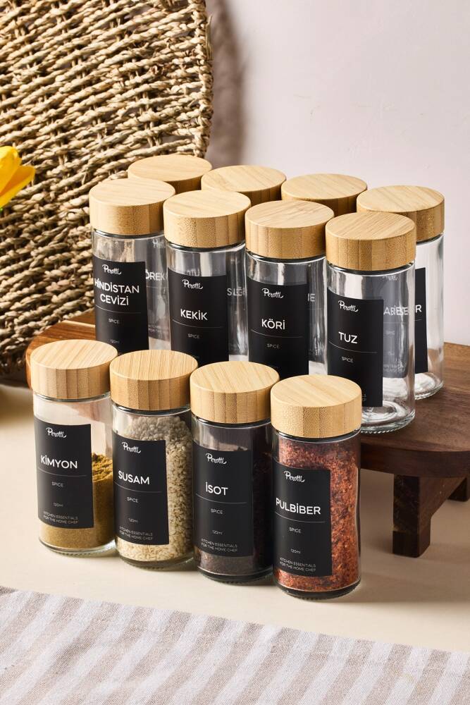 Raul Bamboo 12'li Minimal Bambu Kapak Baharatlık Seti 120ml-30 Ad. Siyah-Beyaz Etiket Hediyeli - 1