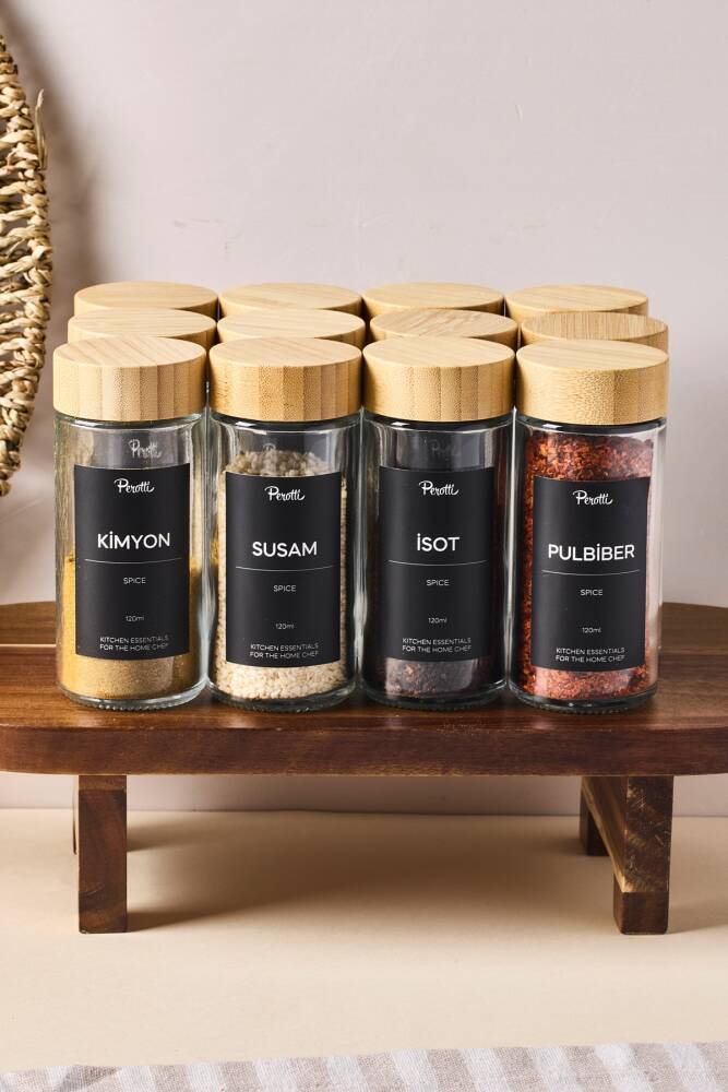Raul Bamboo 12'li Minimal Bambu Kapak Baharatlık Seti 120ml-30 Ad. Siyah-Beyaz Etiket Hediyeli - 2