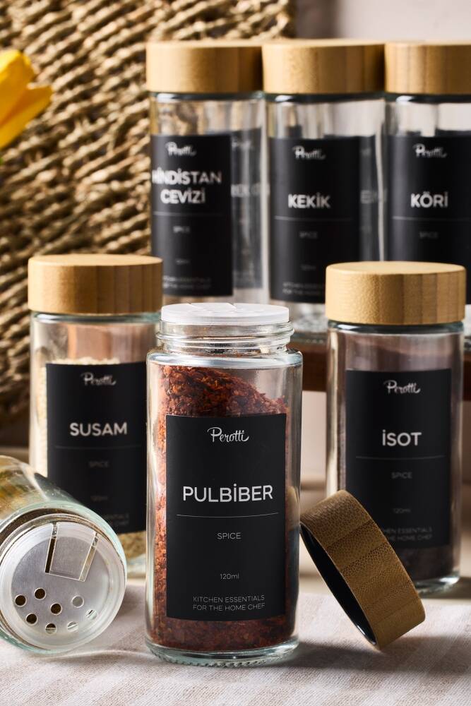 Raul Bamboo 12'li Minimal Bambu Kapak Baharatlık Seti 120ml-30 Ad. Siyah-Beyaz Etiket Hediyeli - 3