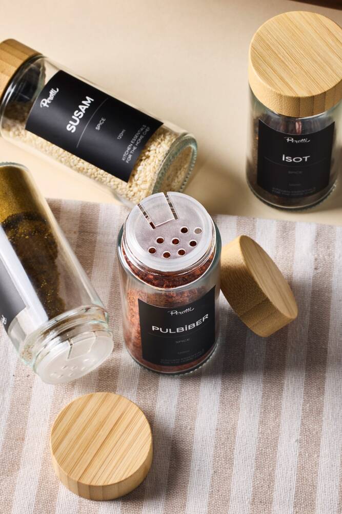 Raul Bamboo 12'li Minimal Bambu Kapak Baharatlık Seti 120ml-30 Ad. Siyah-Beyaz Etiket Hediyeli - 4